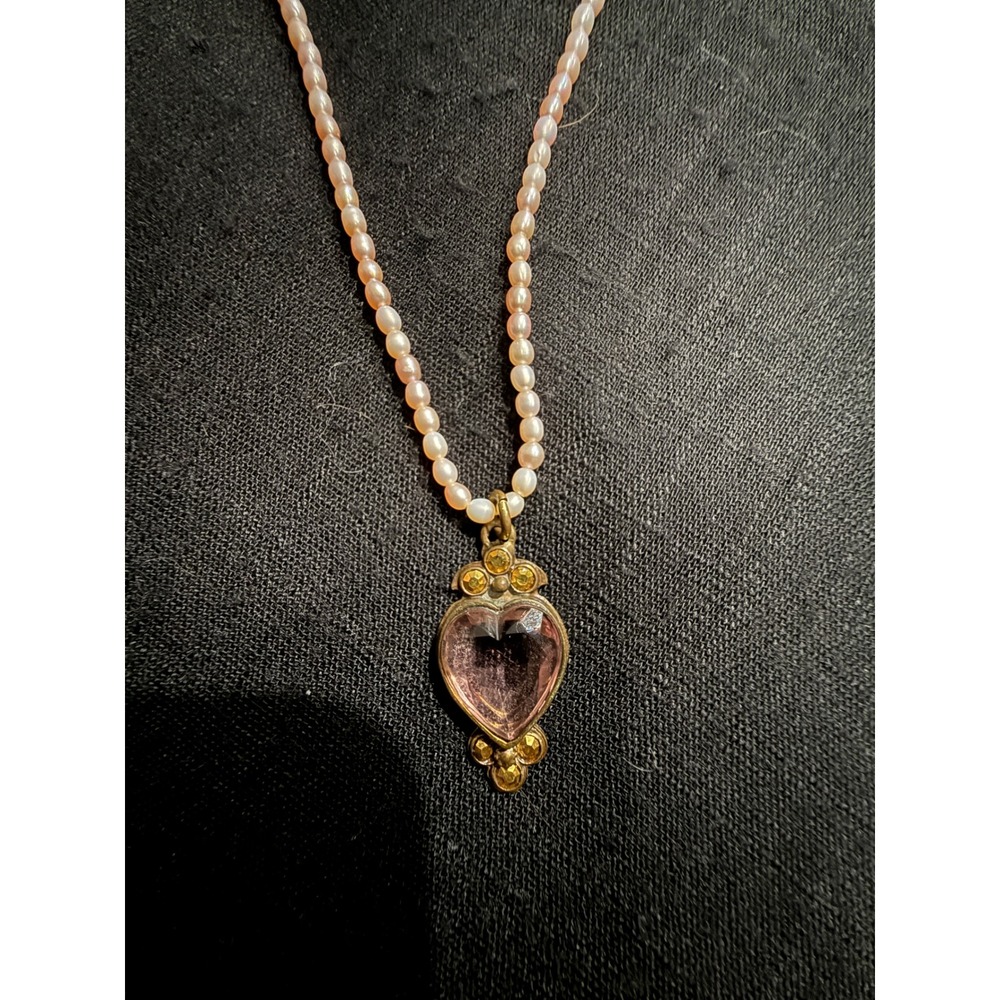 Genuine Pearl Necklace with Pink‎ Heart Crystal Pendant Gold Tone Charm 29"